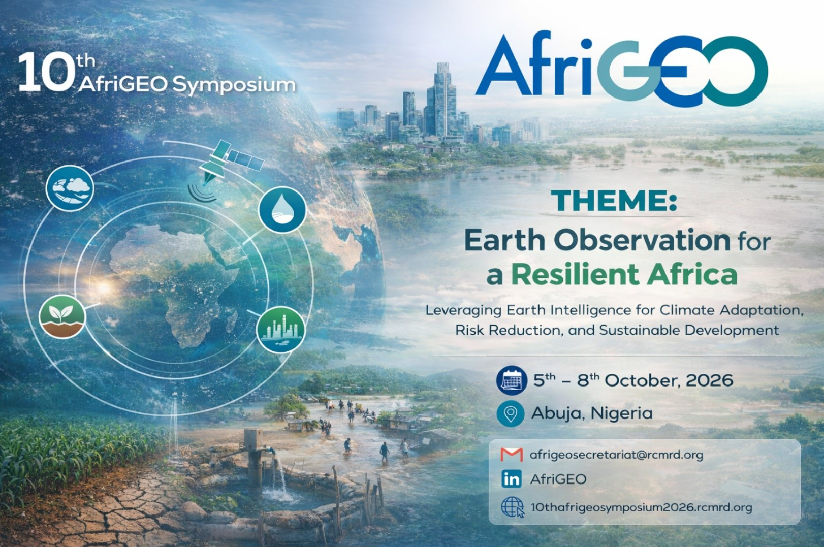 Banner for the 10th AfriGEO Symposium, Earth Observation for a Resilient Africa, Abuja, 5-8 October 2026