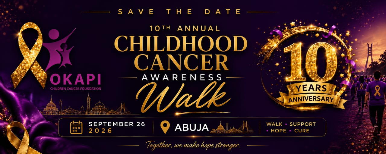 Save-the-date banner for the Okapi 10th Annual Childhood Cancer Awareness Walk, Abuja, 26 September 2026