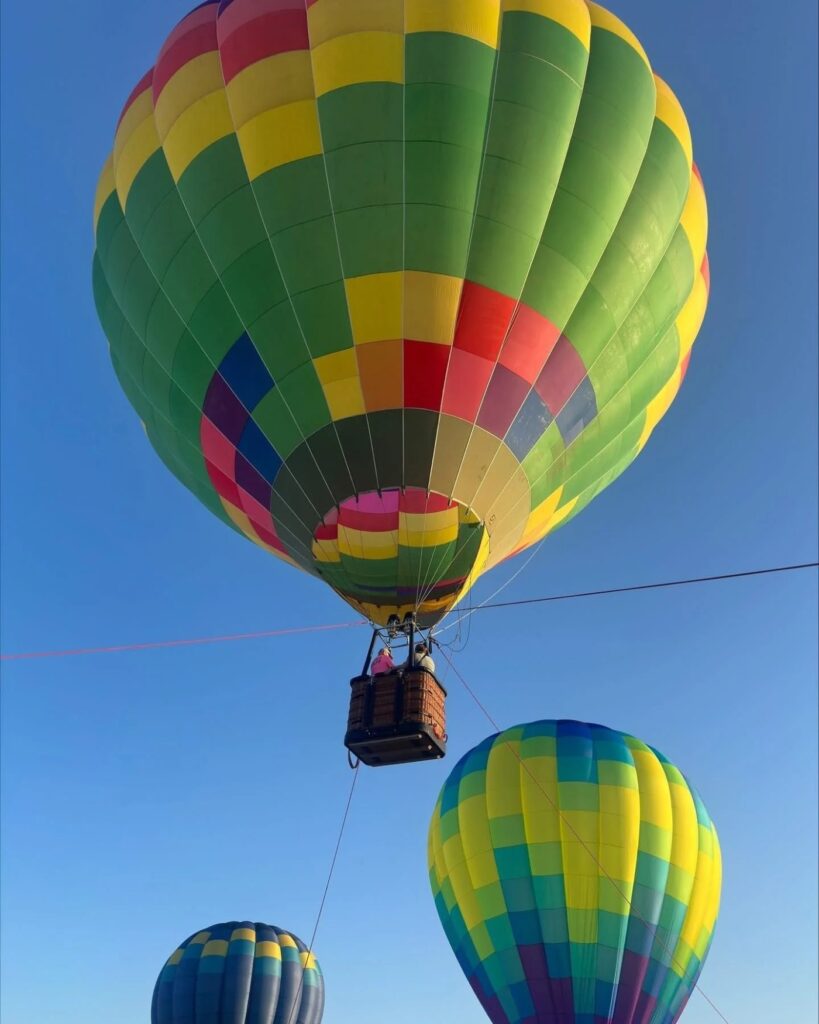 Colourful hot air balloons in a clear blue sky